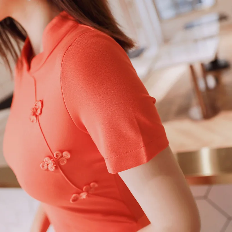 Summer Women Suit Vintage 2 Pieces Set Stand-up Collar Short Sleeve Long Cheongsam Blouse Tops and Pants Two |