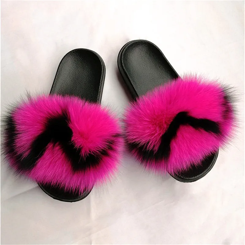 

Brand Luxury Plus Size Women Fox Fur Slides Female Fluffy Slippers Furry Summer Flip Flops Home Fox Fur Slippers Woman Sandals