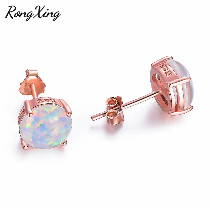 Круглые серьги гвоздики RongXing из розового золота с белым огненным опалом 6/8 мм для