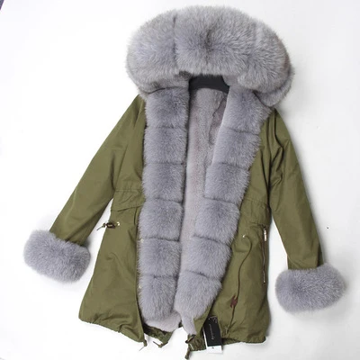 green coat gray fur OFTBUY пальто с натуральным мехом, зимняя куртка, Женское пальто, Воротник из натурального Лисьего меха, свободная длинная парка, уличная одежда, новая корейская мода - Цвет: green coat gray fur