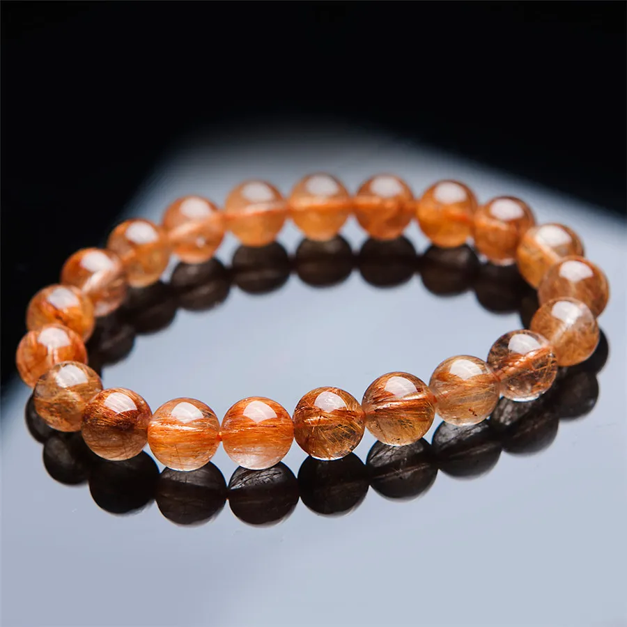 9mm Natural Genuine Brazilian Copper Hair Rutilated Quartz Crystal Round Beads Jewelry Stretch Bracelets For Women Femme | Украшения и