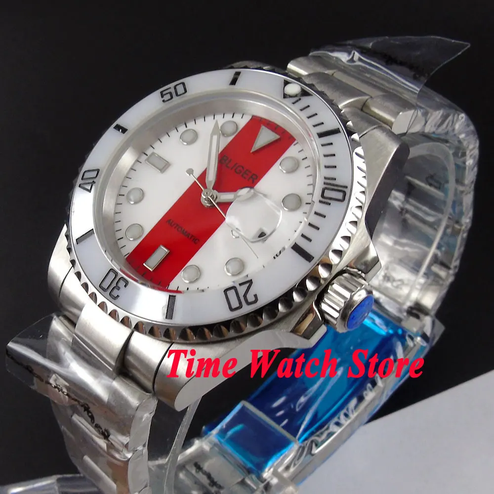 

Bliger Automatic Men's Watch Miyota8215 PT5000 40mm White/Red Dial Luminous Sapphire Glass Ceramic Bezel Oyster Bracelet