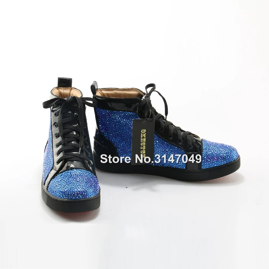

OKHOTCN Men Shoes Patent Leather Blue Luxury Crystal High Top Men Shoes Flat Lace Up Black Trainers Mens Sneakers Casual Shoes