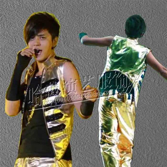

2018 Male ds fashion star style gold leather vest costume The singer's clothing M-XXXL