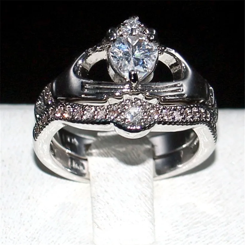 Choucong Claddagh набор свадебных колец в форме сердца 5А с циркониевой короной 10KT белое