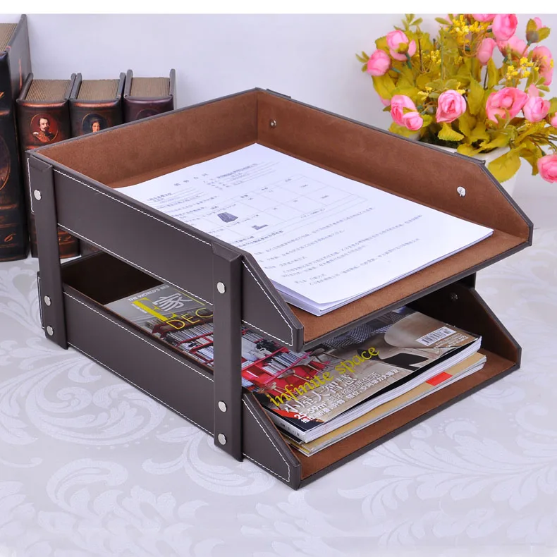 double-layer A4 detachable office wooden leather document magazine rack tray file organizer holder filing paper box brown 212B