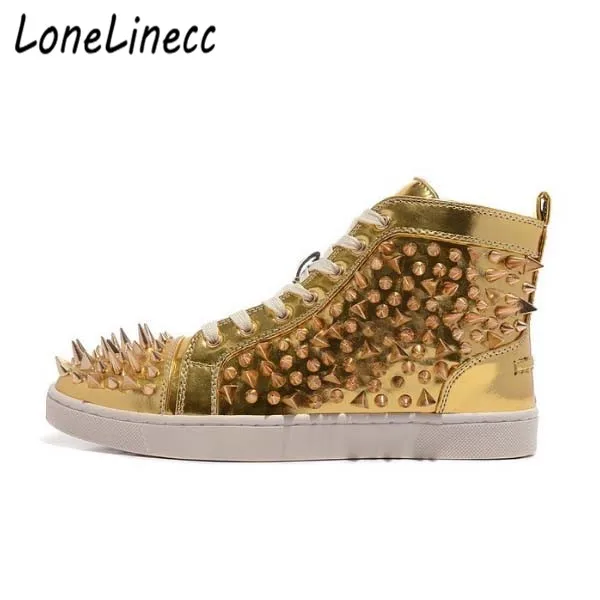 Lonelinecc/черные/белые кожаные мужские туфли с заклепками Высокие модные кроссовки