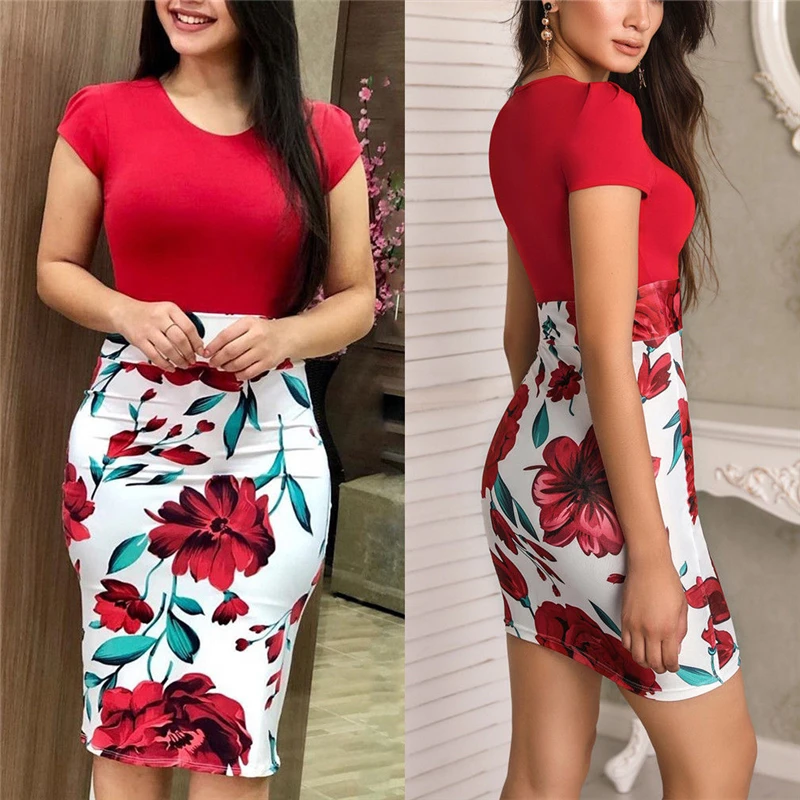 Лидер продаж женские платья Vestidos короткий рукав цветочный принт пэчворк