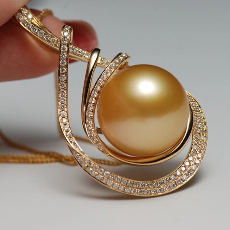 

Sinya 15mm southsea golden pearl pendant inlay Real high luster diamonds 18K Au750 Gold fine jewelry necklace for women ladies