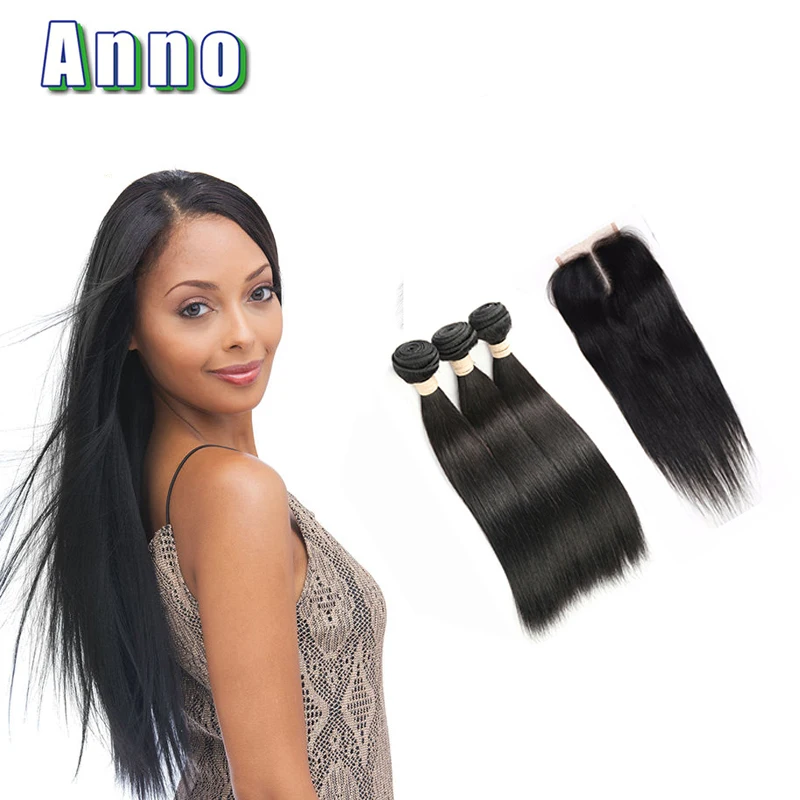 Бразильский Прямо Девы Волос с Закрытие Горячие продажа anno 3 Связки Кружевом