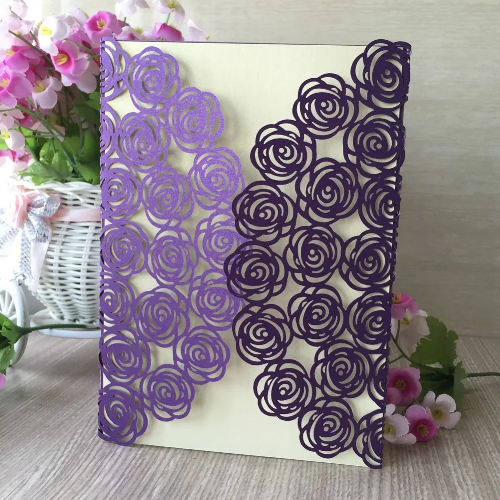 

50pcs Laser Cut Wedding Party Invitation Card Romantic Decoration Cards Delicate Carved Rose Wedding Invitations Blessing Card