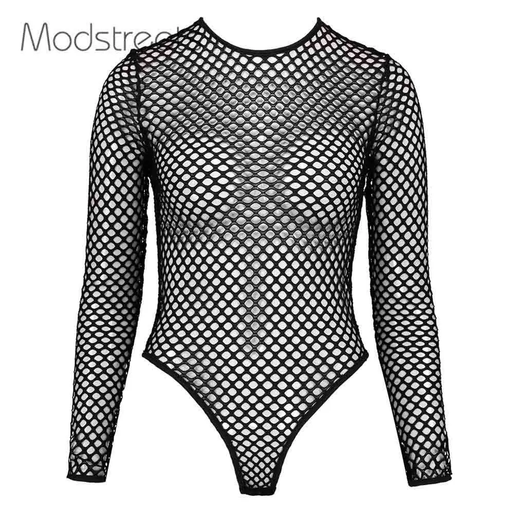 Черный Modstreets, женские боди, женские комбинезоны, сексуальный комбинезон, черный, Круглый ворот, длинный рукав, прозрачный, с вырезом, сетчатый комбинезон - Цвет: Черный