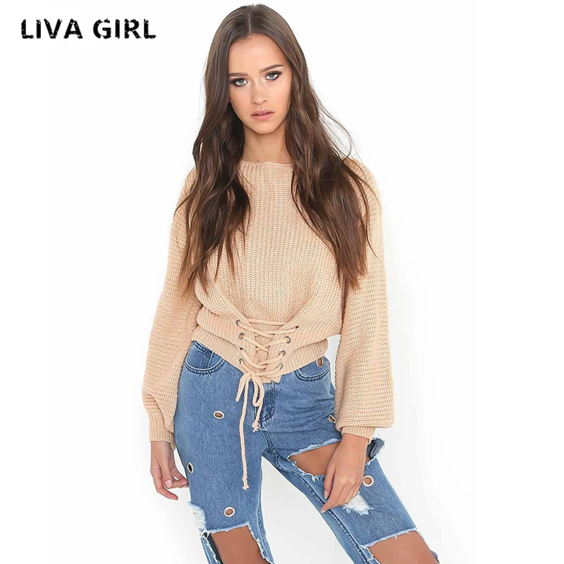 Женский вязаный пуловер на шнуровке liva girl черный эластичный джемпер с длинным