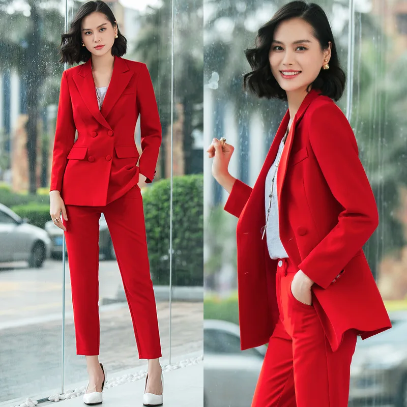 

Red suit suit female new fashion temperament annual meeting red suit spring and autumn professional wear suit 2 piece set women