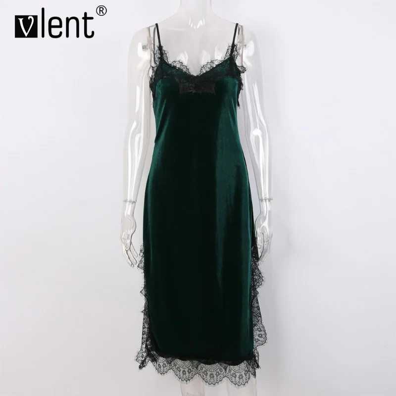 Vlent Sexy Lace Soft Velvet Slip Dress Cami 2017 Deep V Neck Side Split Party Dresses Vintage Women Black Sleeveless Long | Женская