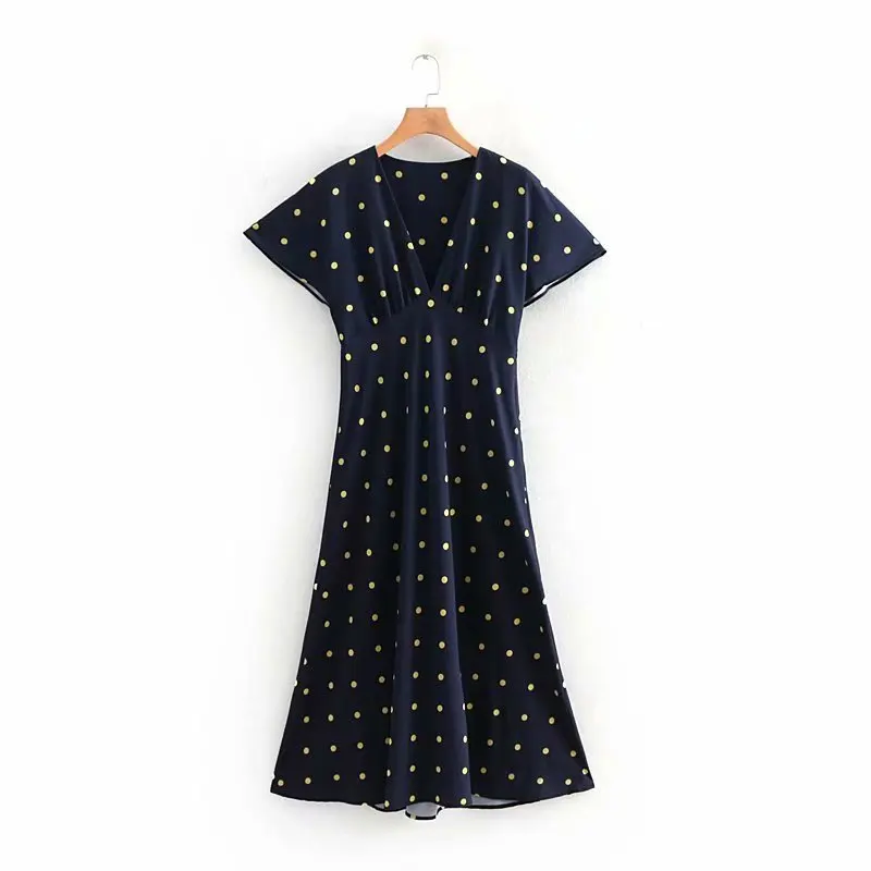 Navy Blue JuneLove женское летнее длинное платье макси с коротким рукавом винтажное женское платье в горошек с v-образным вырезом Повседневная Уличная одежда женское платье с принтом - Цвет: Navy Blue