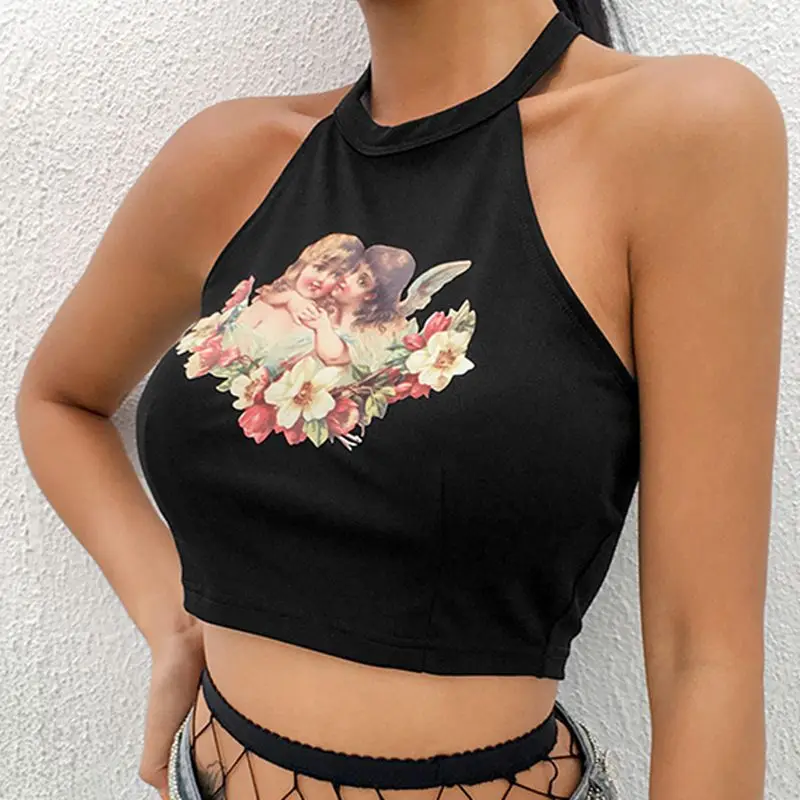 Черные укороченные топы на бретельках без рукавов с принтом ангела женские