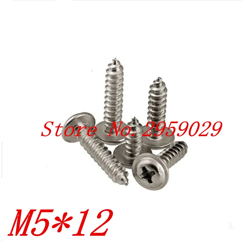 

100pcs M5*12 5mm 304 Stainless Steel Phillips Pan Washer Head Self Tapping Screw