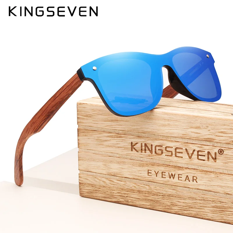 Blue Bubinga wood KINGSEVEN бренд, деревянные Винтажные Солнцезащитные очки, мужские поляризационные Плоские линзы, без оправы, квадратная оправа, женские солнцезащитные очки Oculos Gafas - Цвет линз: Blue Bubinga wood