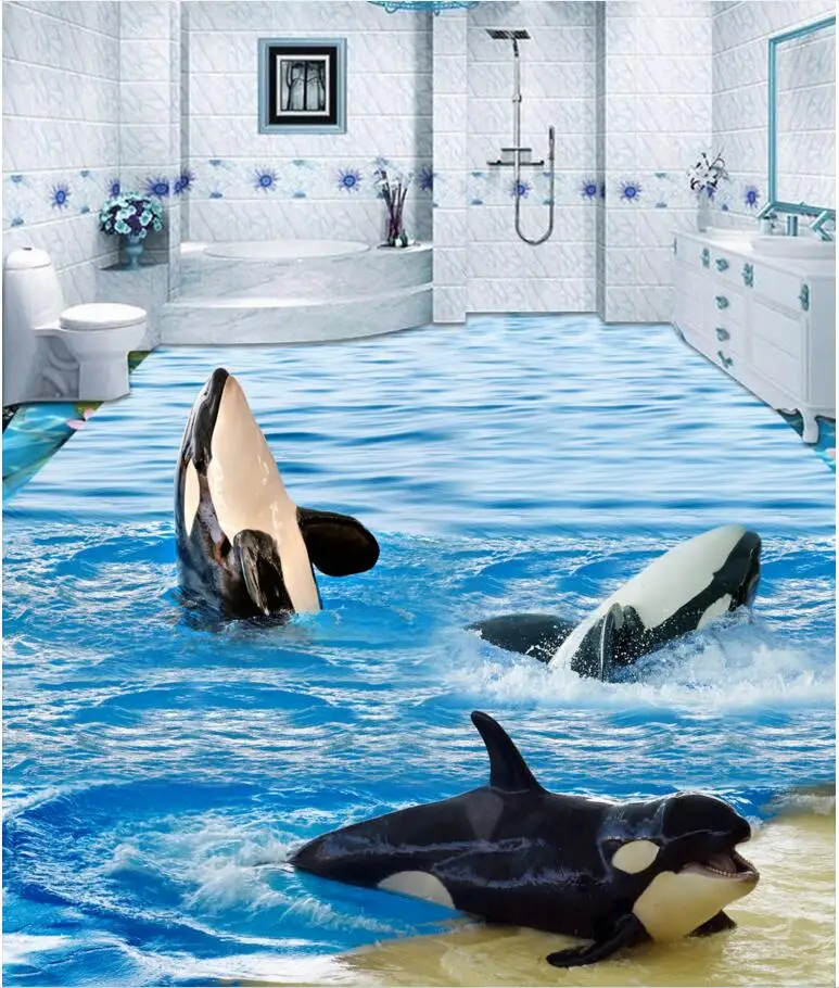 3d ПВХ напольное покрытие для фотографий на заказ самоклеющиеся волны дельфинов