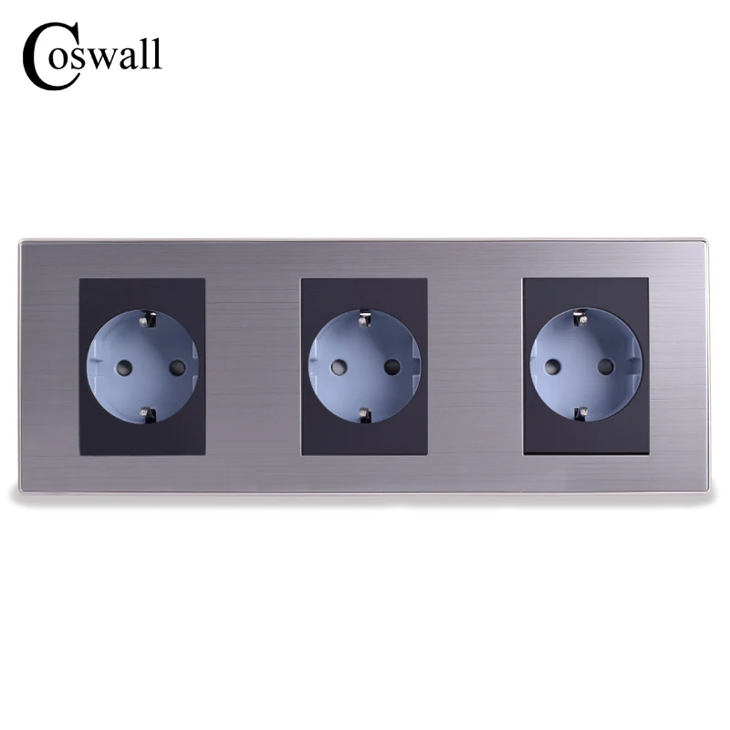 Coswall 16A ЕС Стандартный тройной выход роскошный настенный 3-х полосная Мощность разъем Enchufe матовый серебристый Панель электрической розетки переменного тока 110~ 250V