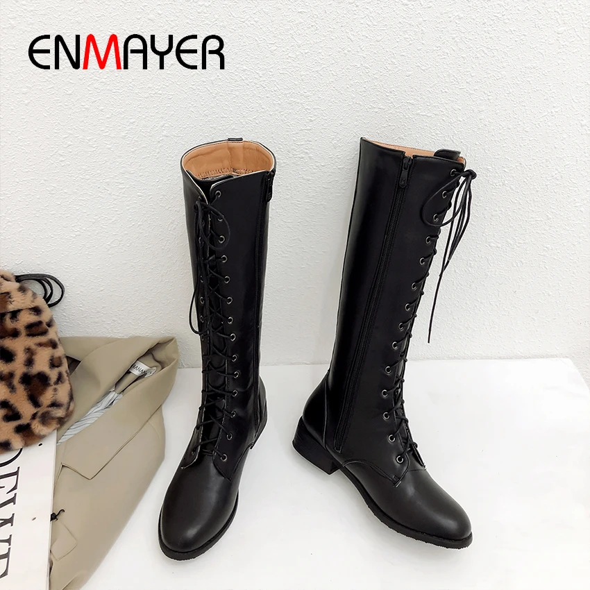 Недорогие женские сапоги ENMAYER с перекрестной шнуровкой зимние из искусственной