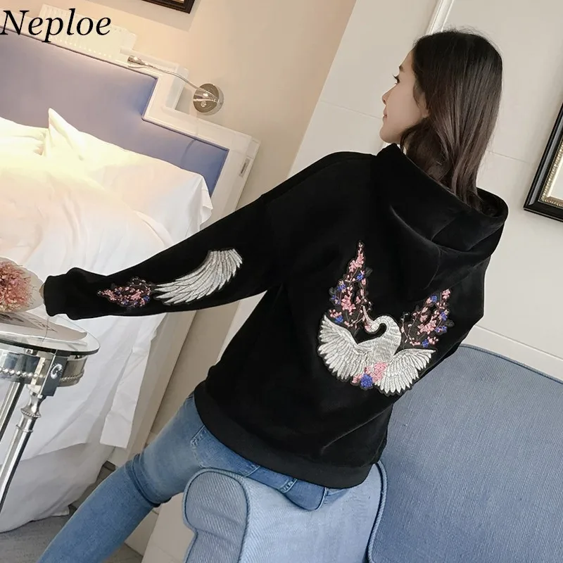 Женские толстовки с капюшоном Neploe корейские короткие длинным рукавом и вышивкой
