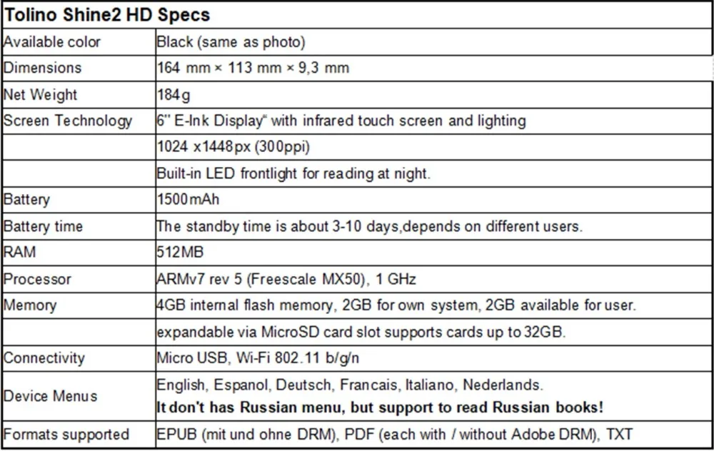 Встроенный светильник из устройства для чтения электронных книг, Wi-Fi, для чтения электронных книг Tolino Shine2 HD e-ink 6 дюймов Сенсорный экран 1024x1448 300ppi retina Carta2 Экран читателя