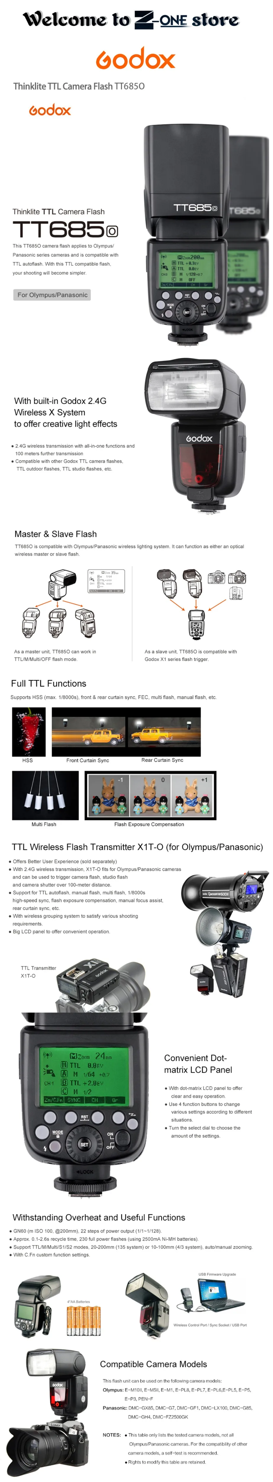 Беспроводная вспышка Godox TT685O 2,4G HSS 1/8000s i-ttl GN60 для Olympus/Panasonic+ Бесплатный кронштейн для вспышки s-типа