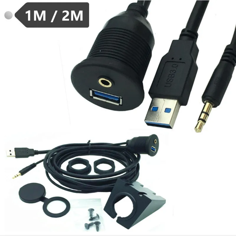 

USB 3.0 & 3.5mm to USB&3.5mm AUX Extension Flush Mount Cable Cord Kit of Install Tools for Car/Boat/Trailer Dial Plate 1m/2m