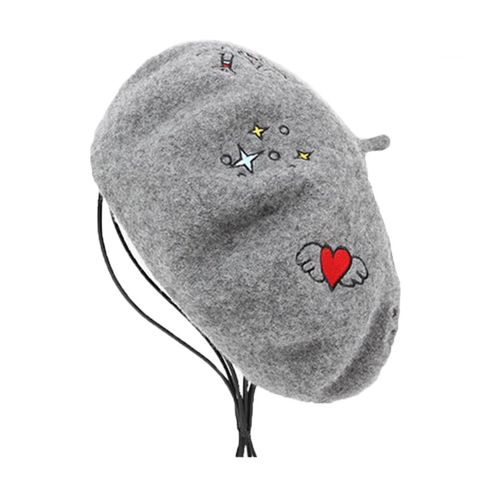 Gray BUTTERMERE Wool Felt Beret Caps For Women Gray Embroidered Painters Cap Ladies Fashion Love French Female Winter Artist Hats - Цвет: Gray