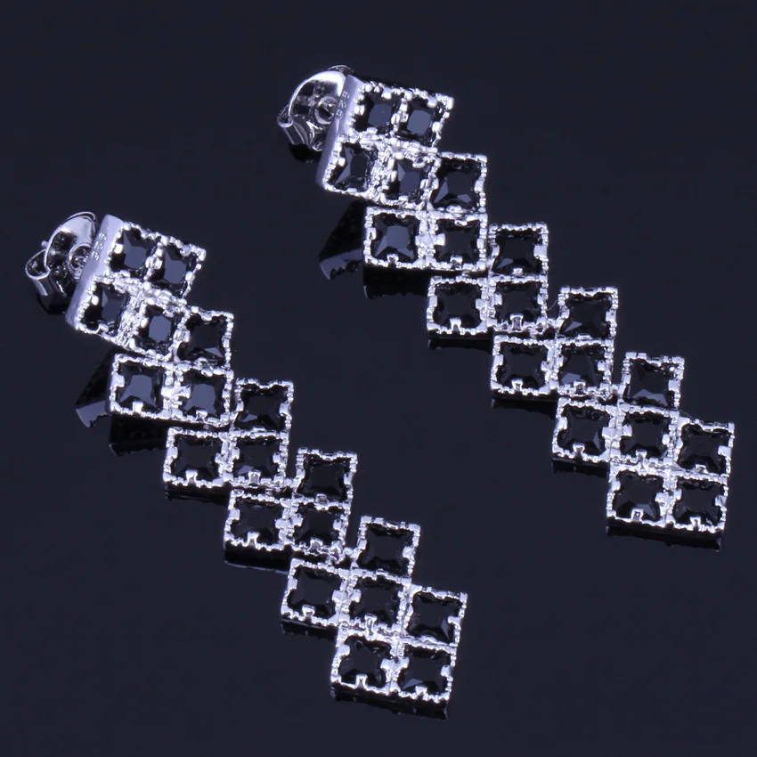 

Fancy Square Black Cubic Zirconia Silver Plated Drop Dangle Earrings V0198