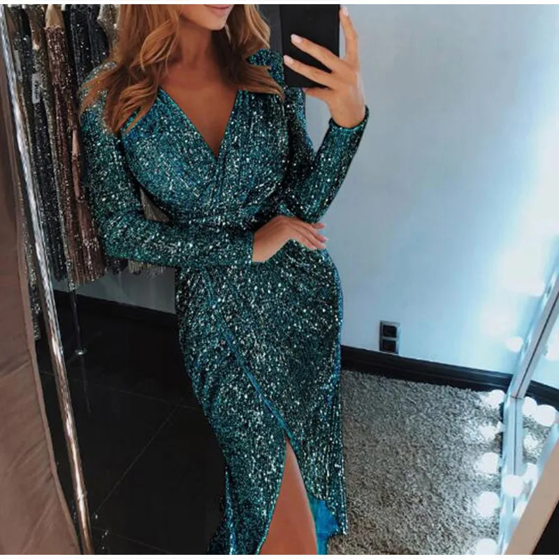 Sequin Sexy Глубокий V образным вырезом для женщин миди платья для разделение с длинным рукавом повседневное тонкий необычное платье для вечеринки для женщин весн