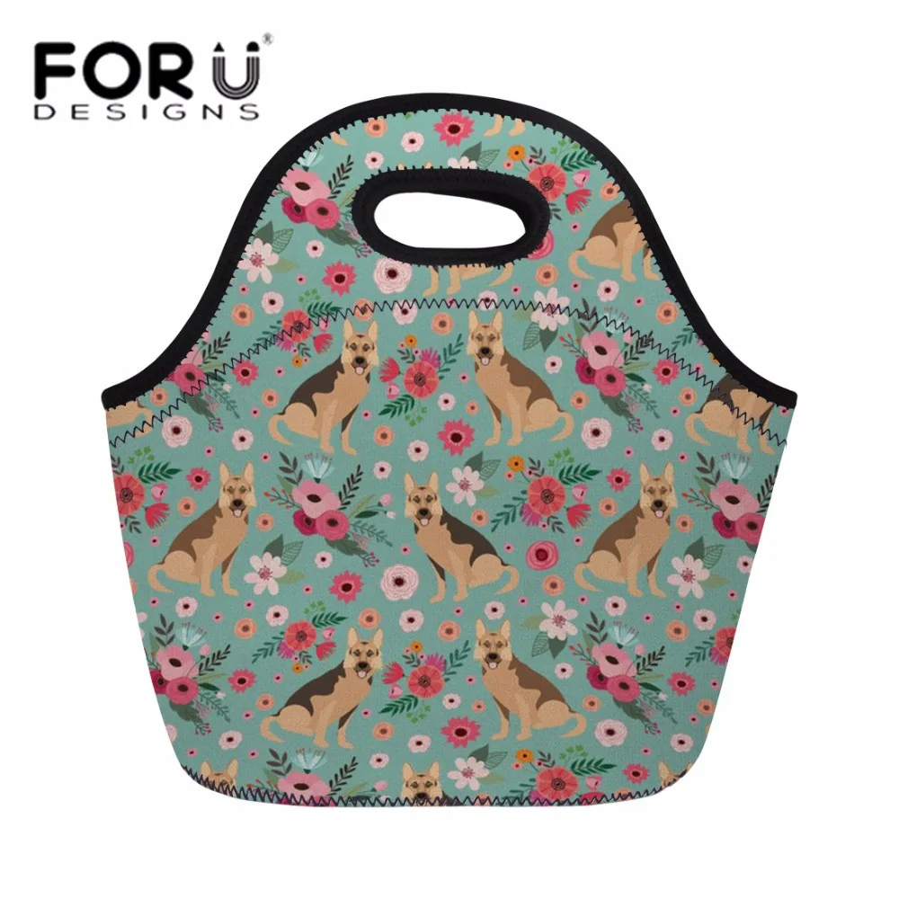 

FORUDESIGNS Neoprene Lunch Bag for Women Insulated Food Fresh Picnic Zoo Lunch Box Girls Germen Shepherd Meal Hand Tote Bags