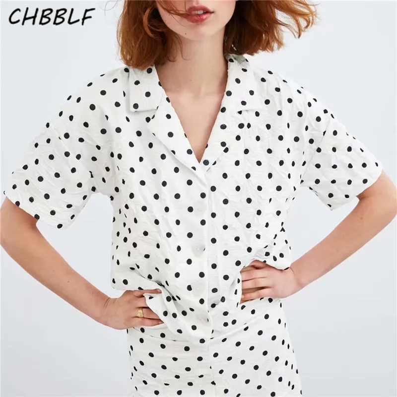 CHBBLF women dot pattern white blouse short sleeve shirts notched colllar female casual tops blusas WDD87103 |