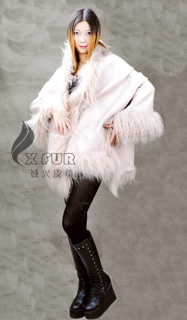 CX-B-P-01B Mongolian Lamb Fur Trim 100% Wool Cashmere Shawl Cape LOTS OF COLOURS Drop Shipping | Wraps