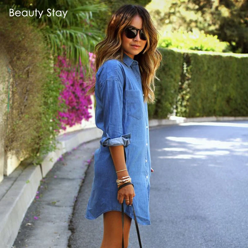 Женское джинсовое платье рубашка с длинным рукавом на пуговицах|autumn fashion|women denim