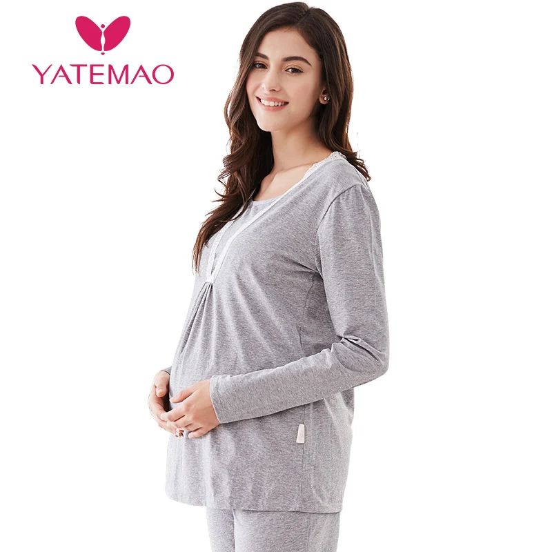 YATEMAO/хлопковая одежда для кормления с длинными рукавами; зимняя Пижама для кормления; Пижама для беременных; Пижама для грудного вскармливания; ночная рубашка для беременных