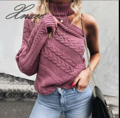 

2020 Xnxee spring and autumn new style head slant shoulder single-sleeve twist high collar knit sweater female