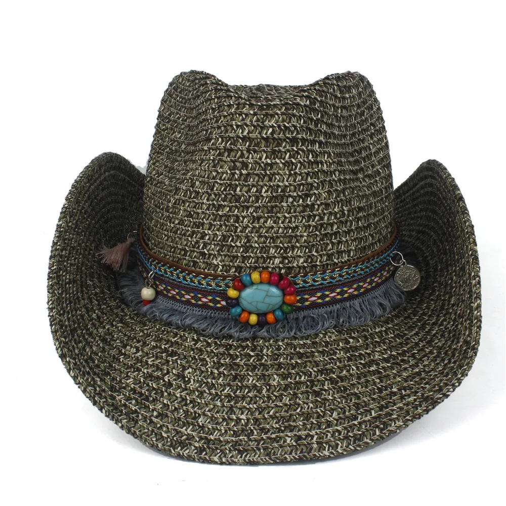Женская летняя соломенная ковбойская шляпа с бахромой и отверстиями "богемный стиль" для пляжа, джаза и солнечных деньков размером 56-58 см.
