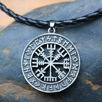 Antique Silver2 Викинг исландский Vegvisir шлем ужас в руническом круге кулон руны викингов Vegvisir компас Рунический амулет колье ожерелье - Окраска металла: Antique Silver2