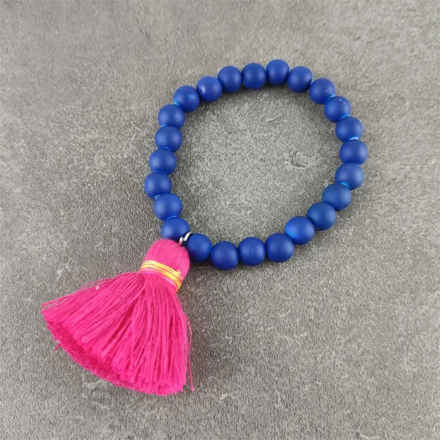 rubber plated blue Новая мода резиновое покрытие эластичный браслет из бусин с красочными большими кисточками для женщин Летний пляж призвание ювелирные изделия - Окраска металла: rubber plated blue