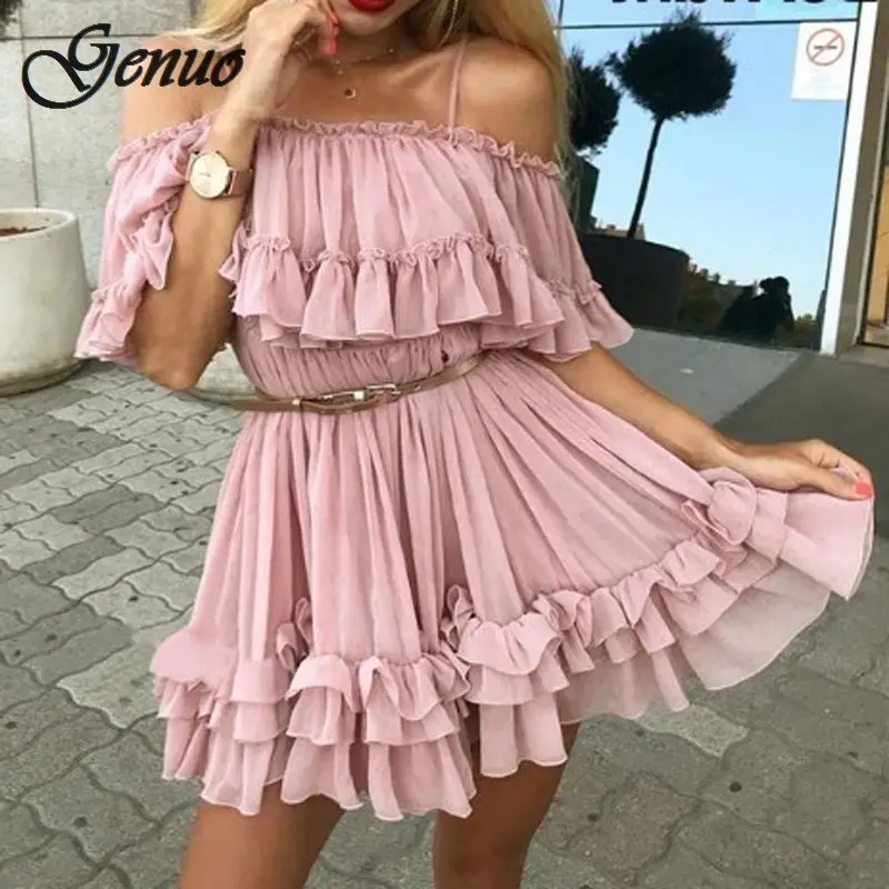 Genuo с открытыми плечами шифоновые летние платья для женщин Плиссированное