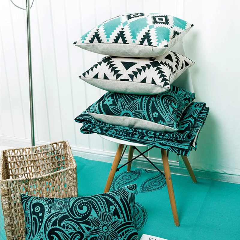 Оптовая продажа льняная наволочка для подушки винтажная синяя черная с