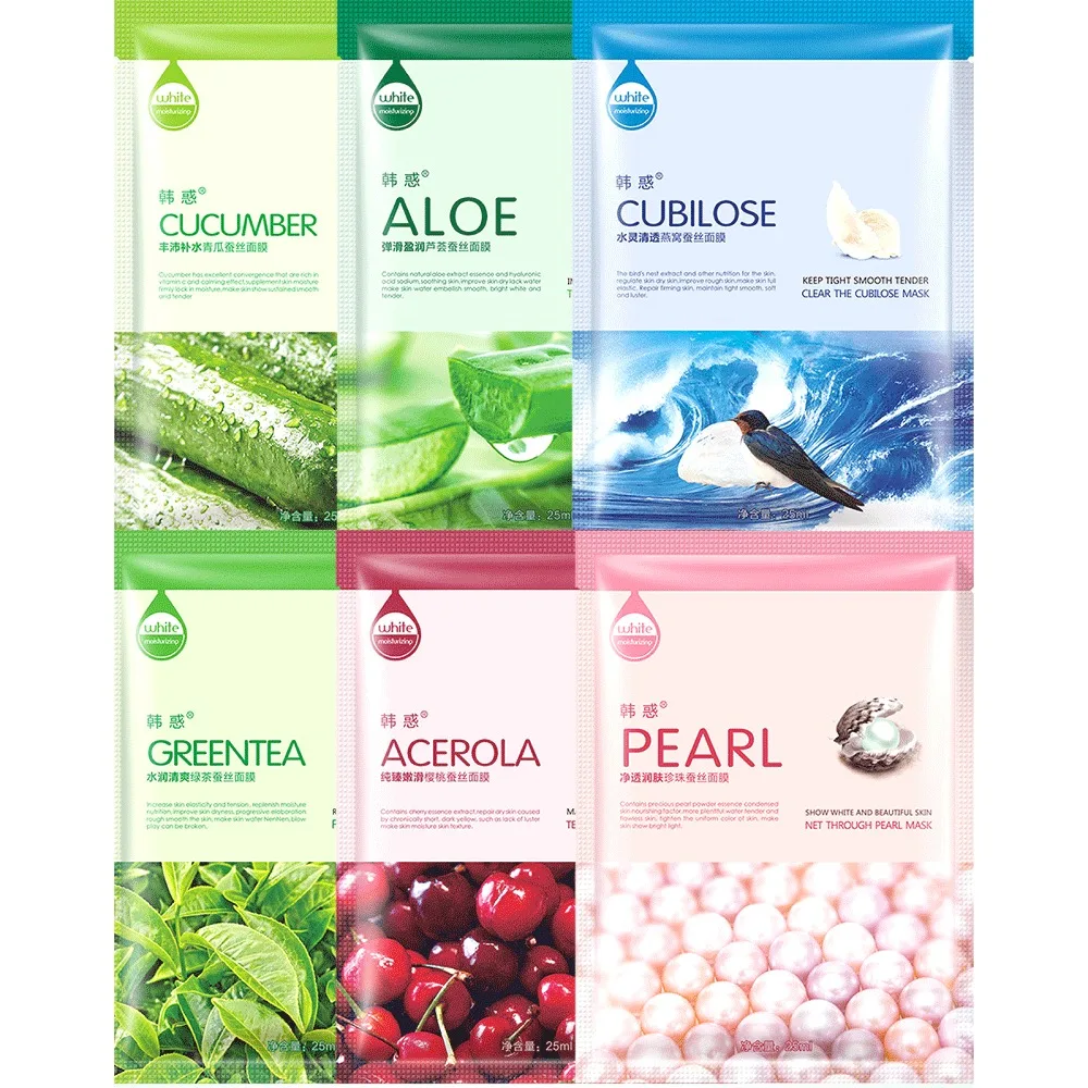 

10Pcs Face natural silk Mask Cucumber Cucumber/Aloe vera/Bird's nest/Green tea/Cherry/pearl Facial Mask Moisturizing Beauty Mask