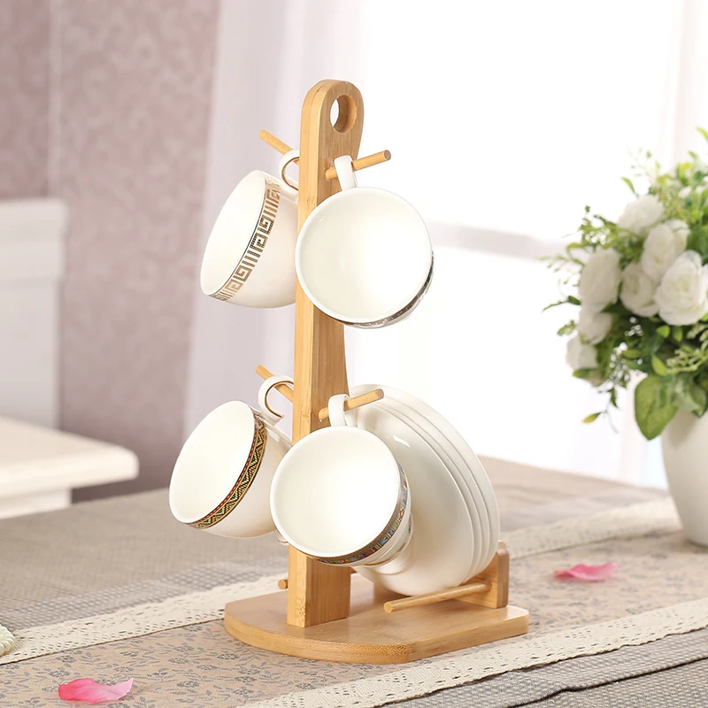 Набор из 4 костяных фарфоровых кофейных чашек с бамбуковая чашка держатель