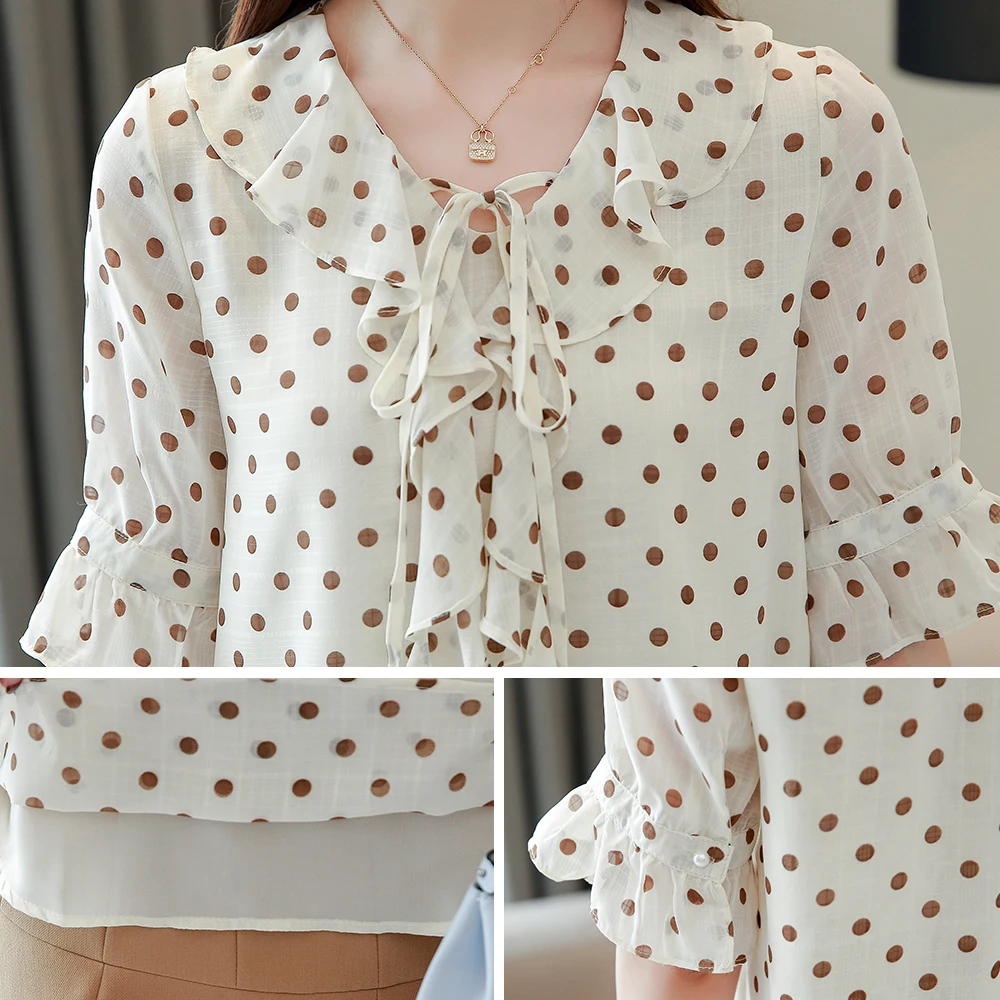 Женские блузки в горошек феи Blusa Feminina шифоновая рубашка с расклешенными рукавами