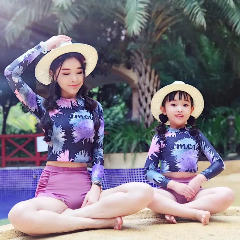 Bikini 2019 Parent-child Two Piece Suit Long Sleeve Swimwear Women Sunscreen Patchwork Ruffle Beachwear Female Swimsuit S92812X | Спорт и