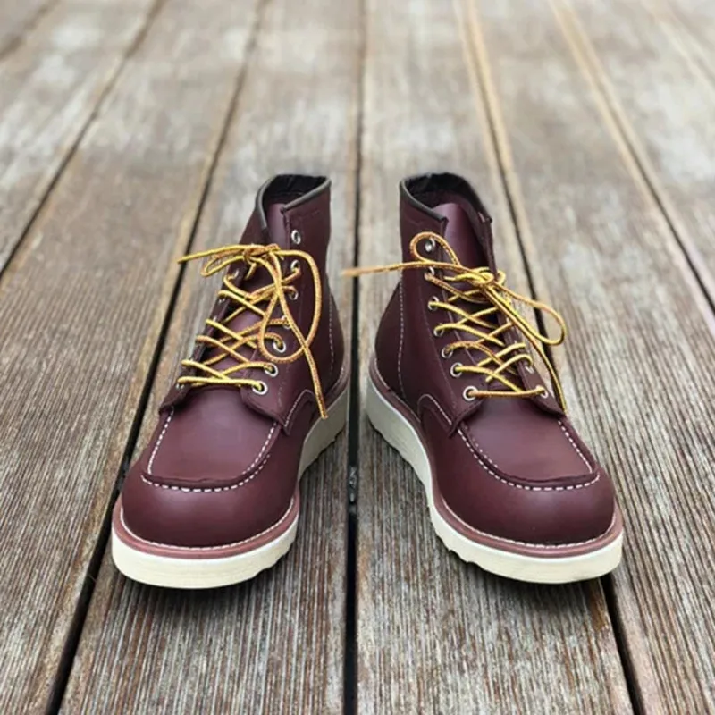 202 Wine Red Goodyear/Винтажные ботильоны в байкерском стиле из натуральной кожи; высококачественные мужские повседневные модельные ботинки с круглым носком и крыльями; красные ботинки для работы - Цвет: 202 Wine Red