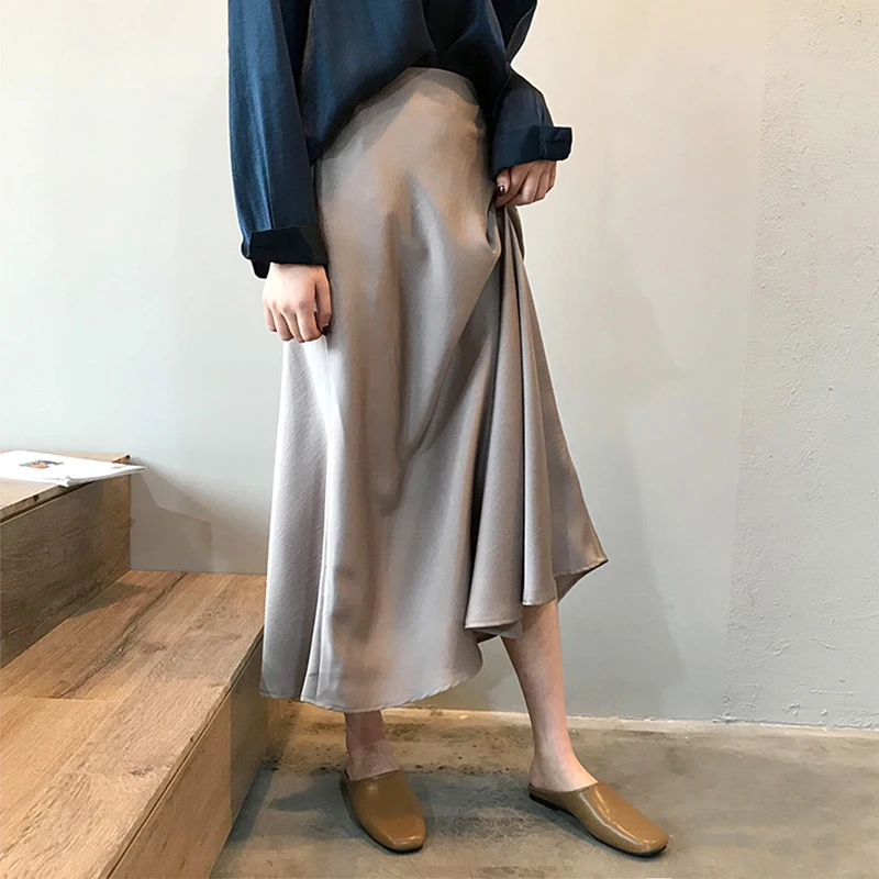 

2020 Spring Women High Waist Satin Skirt Metallic Color Long Skirt Bag Hip Shiny Elegant Office Ladies Silk Imitation Midi Skirt